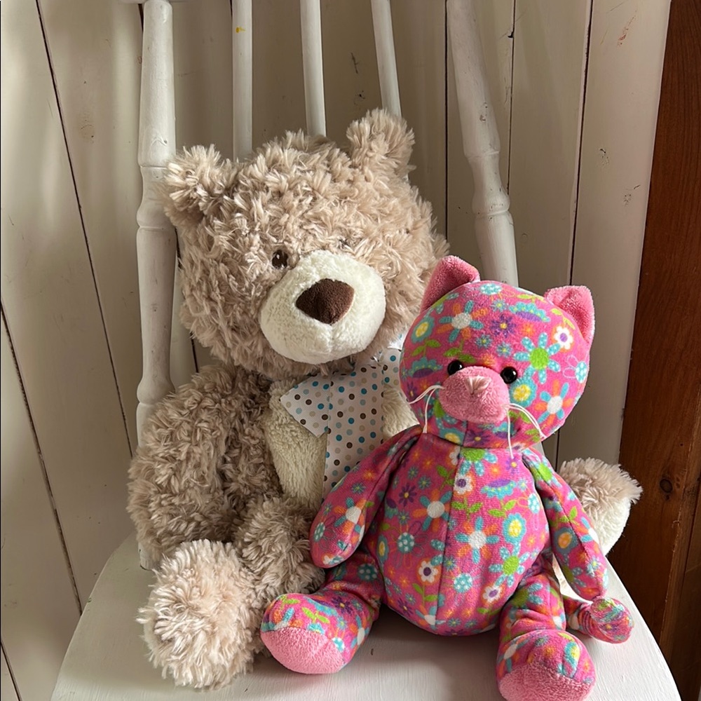 Ganz Stuffed Animals, lot, Teddy bear and pink floral cat